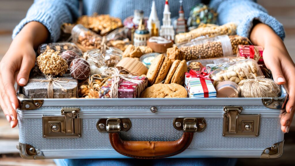 A person holds an open suitcase filled with assorted cookies, nuts, candies, and small gift-wrapped packages&mdash;all neatly arranged and featuring foods allowed through airport security.