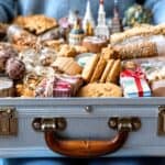 A person holds an open suitcase filled with assorted cookies, nuts, candies, and small gift-wrapped packages—all neatly arranged and featuring foods allowed through airport security.