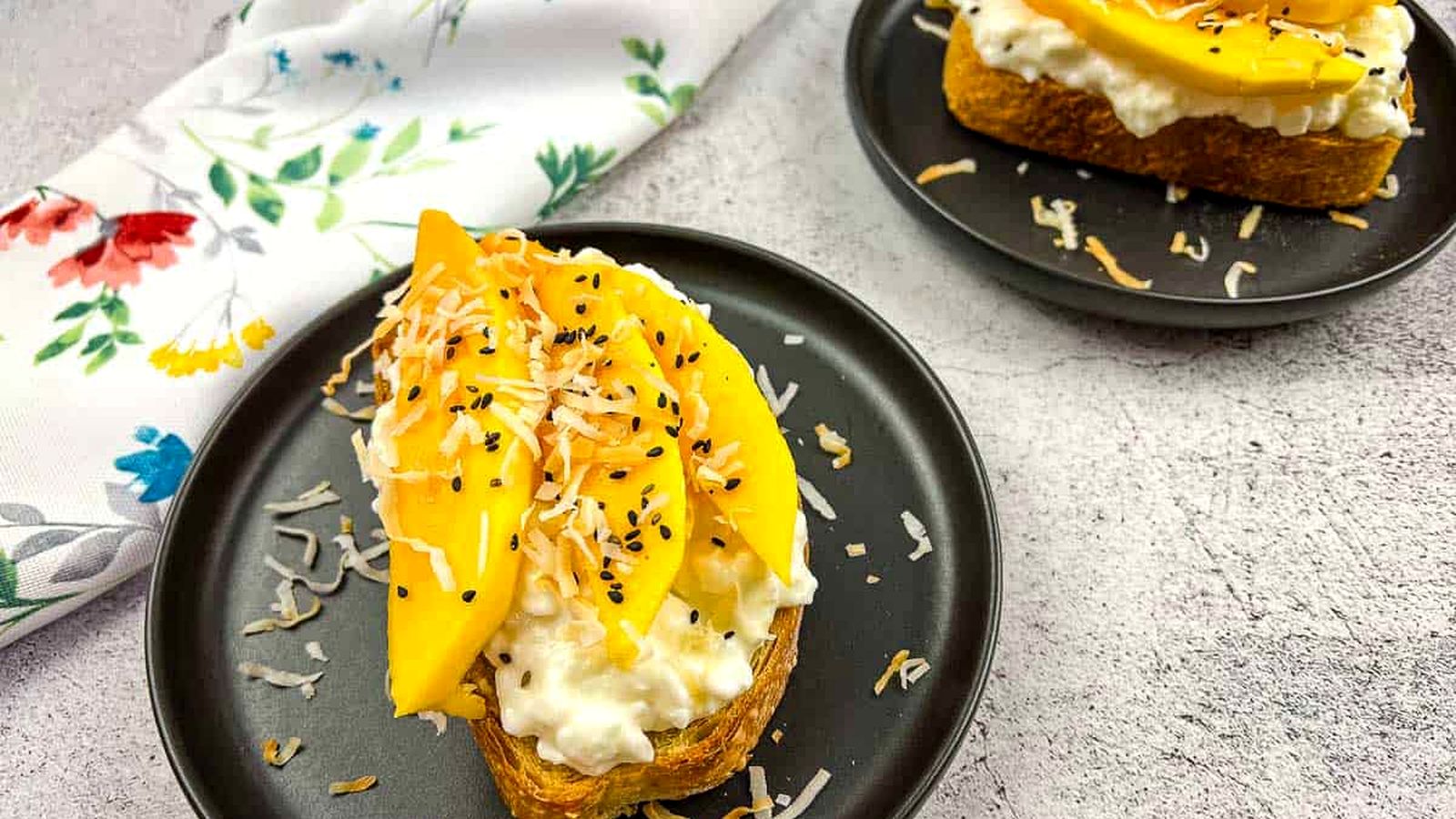 A slice of cottage cheese toast on a counter.