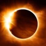 A solar eclipse with the moon covering most of the sun, leaving a bright corona and a burst of sunlight visible at the edge.