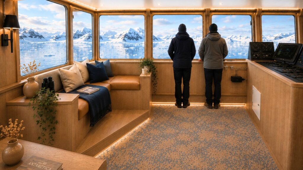 Two people stand in a cozy, modern Antarctica ship lounge, looking out large windows at snow-covered mountains and icy water under a bright sky.
