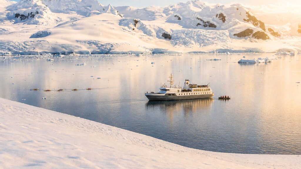 A majestic Antarctica ship floats in calm, icy waters surrounded by snow-covered mountains as small boats and rowers move nearby under a soft, golden light.
