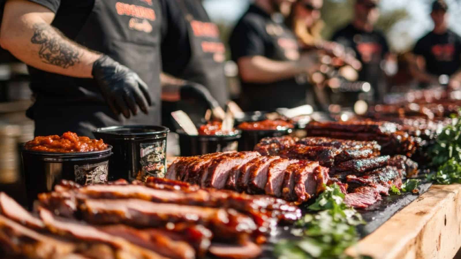 A table filled with assorted sliced barbecue meats and sauces, reminiscent of a Longhorn tailgates brisket contest, with people wearing black gloves and aprons serving food in the background.