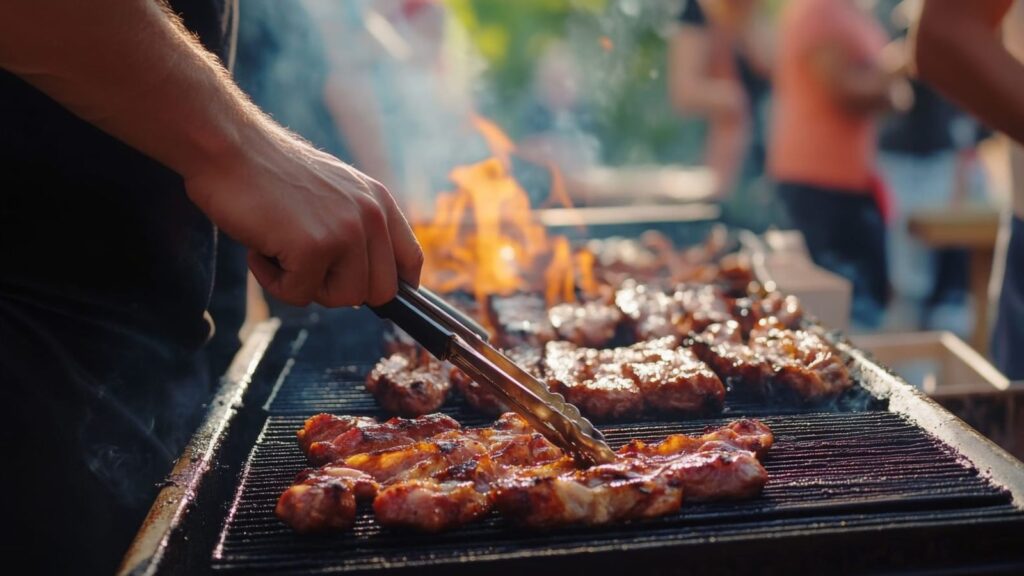 Person grilling assorted meats on an outdoor barbecue with flames and smoke, capturing the lively spirit of Kansas City barbecue at Chiefs tailgates, while people stand in the blurred background.