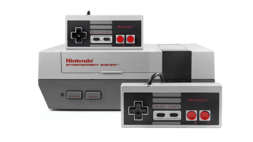 A Nintendo Entertainment System console with two classic controllers is shown on a white background, evoking early Nintendo memories for retro gaming enthusiasts.