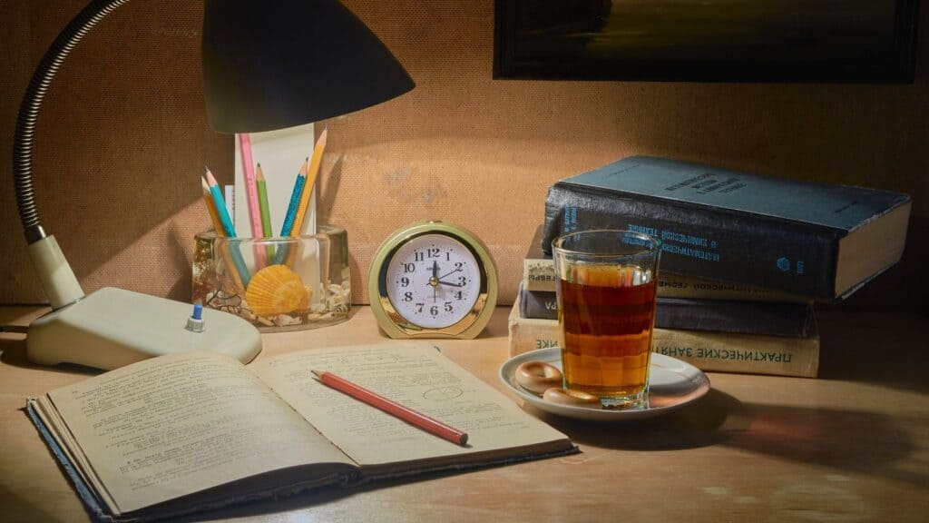 A desk with an open book, red pencil, glass of tea on a saucer, stack of books, table lamp, jar of pencils, and a clock reading 9:00—thoughtfully arranged with classic college care package items for a cozy study session.
