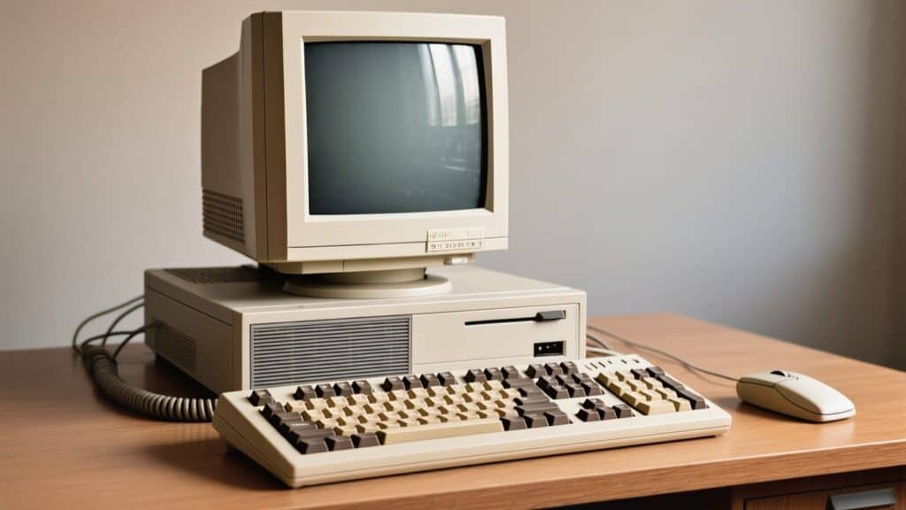 Beige vintage desktop computer with CRT monitor, keyboard, and mouse on a wooden desk, set against a plain background&mdash;a nostalgic setup that brings back memories for 90s kids who remember the distinctive sound of dial up internet.