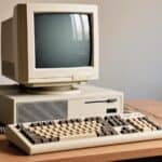 Beige vintage desktop computer with CRT monitor, keyboard, and mouse on a wooden desk, set against a plain background—a nostalgic setup that brings back memories for 90s kids who remember the distinctive sound of dial up internet.