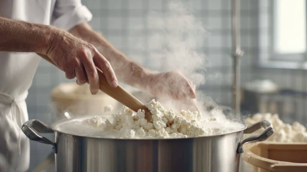 A person stirs Packers cheese curds in a large pot with steam rising, likely making cheese, in a kitchen with tiled walls.