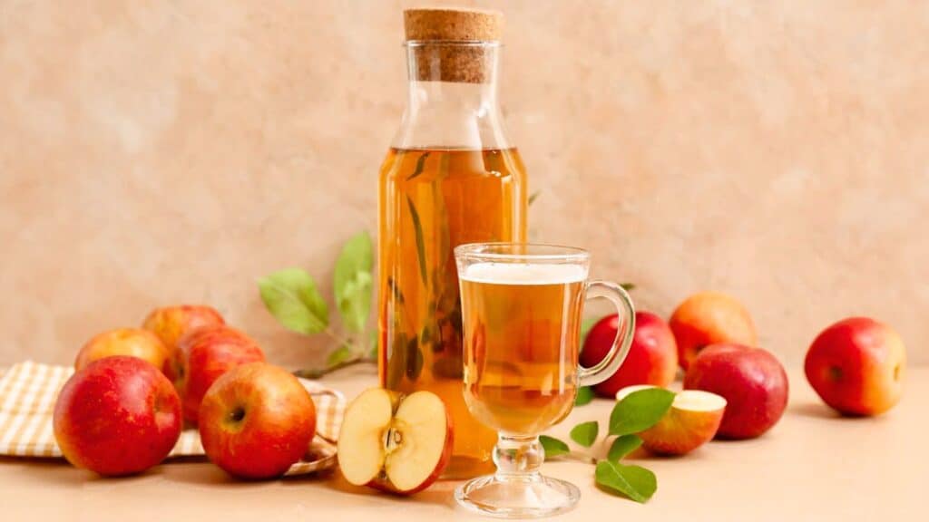 A glass and a corked bottle of apple cider are placed on a table with whole and sliced apples, green leaves, and a checked cloth in the background.