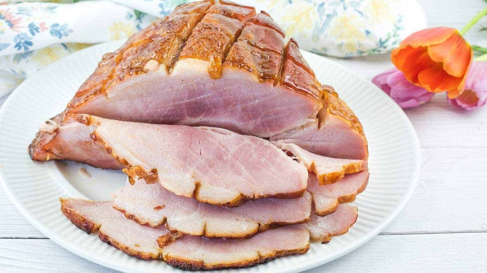 Sliced glazed ham on a white plate, with a floral napkin and orange and pink tulips in the background.