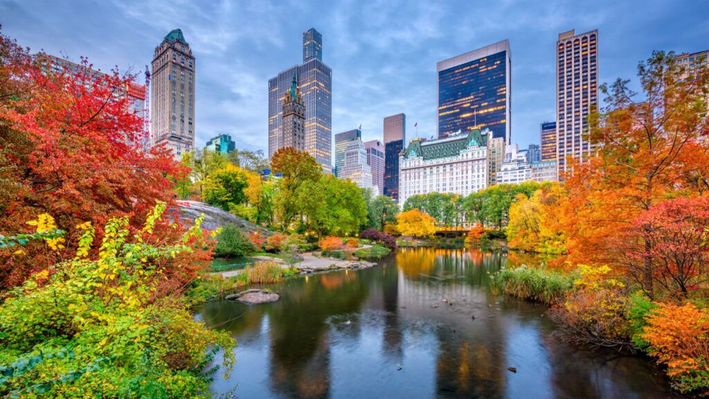 Central Park in autumn invites you to explore New York, with colorful foliage framing a tranquil pond in the foreground and tall city buildings rising in the background under a cloudy sky.