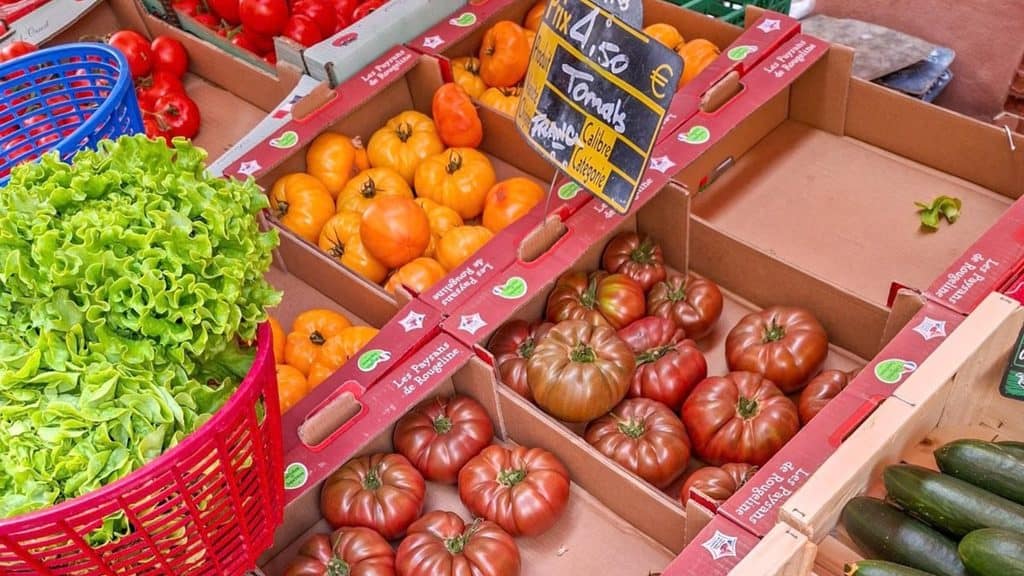 Cardboard crates at a Gascony market filled with yellow and dark red heirloom tomatoes, next to a red basket of green lettuce.