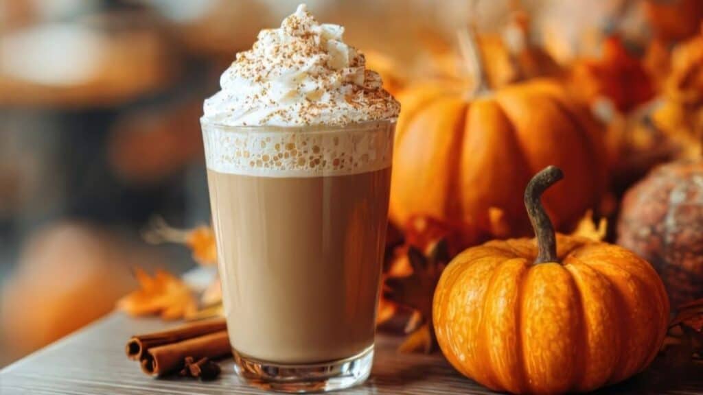 Glass of coffee topped with whipped cream and cinnamon, surrounded by small pumpkins, autumn leaves, and cinnamon sticks on a wooden surface&mdash;capturing the cozy atmosphere that marks the Starbucks PSL launch timeline each fall.