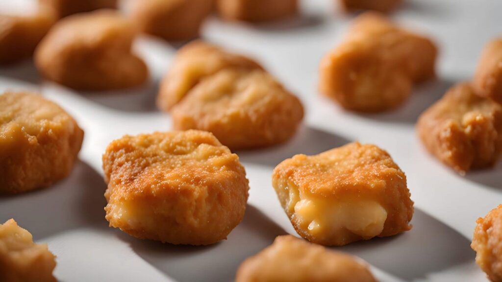 Close-up of several golden-brown chicken nuggets and crispy Packers cheese curds arranged in rows on a white surface, with soft shadows cast behind them.