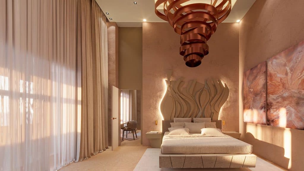 Modern bedroom with beige walls and tall curtains, featuring a large bed, abstract wall art, and a sculptural ceiling light fixture. Natural light enters from floor-to-ceiling windows.