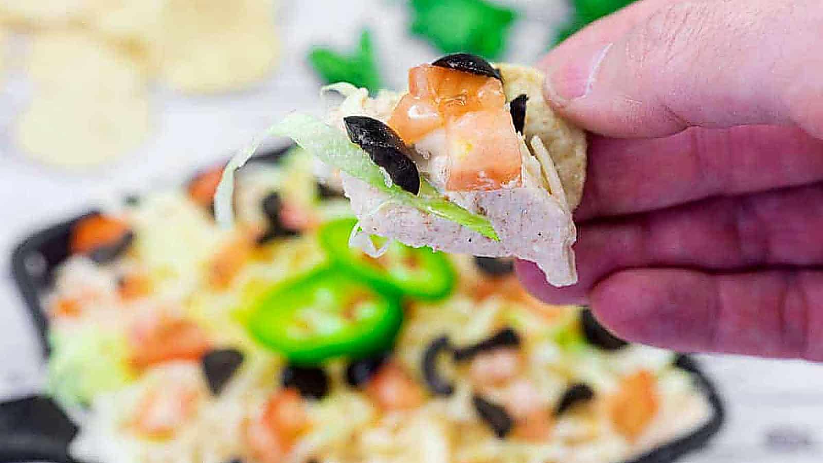 A hand is holding a chip topped with Tex-Mex taco dip above.