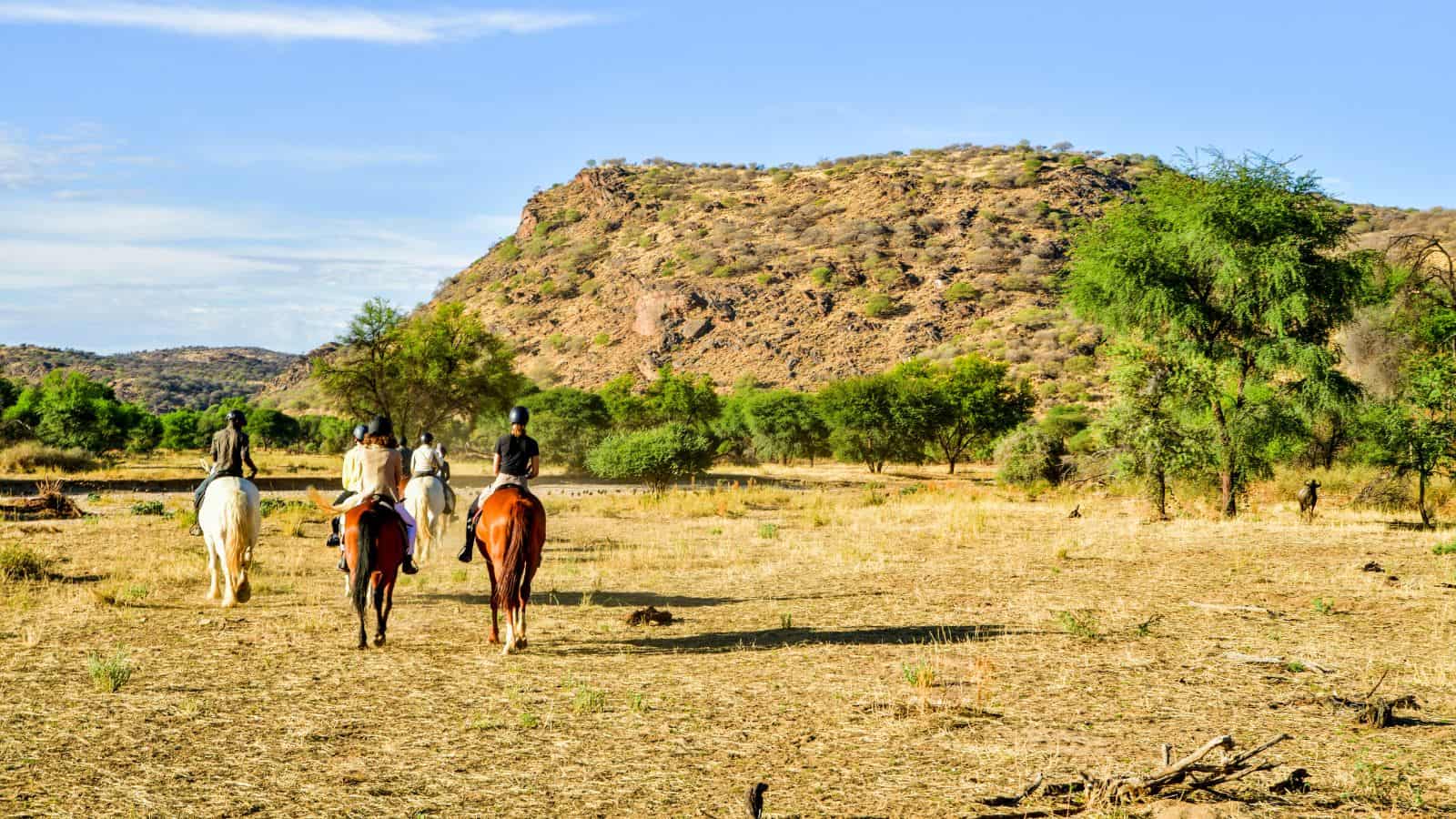Four people on horseback ride through a dry, grassy landscape with scattered trees and a rocky hill in the background.