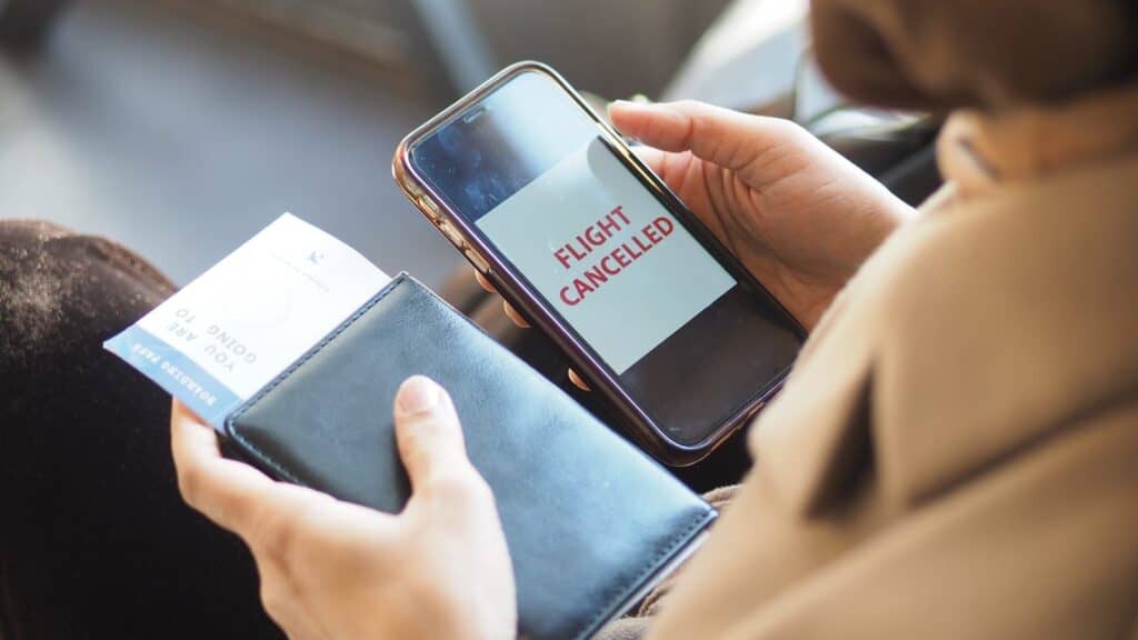 Person holding a smartphone displaying &ldquo;FLIGHT CANCELLED&rdquo; and a passport with a boarding pass, highlighting the impact of airline change and cancellation rules.