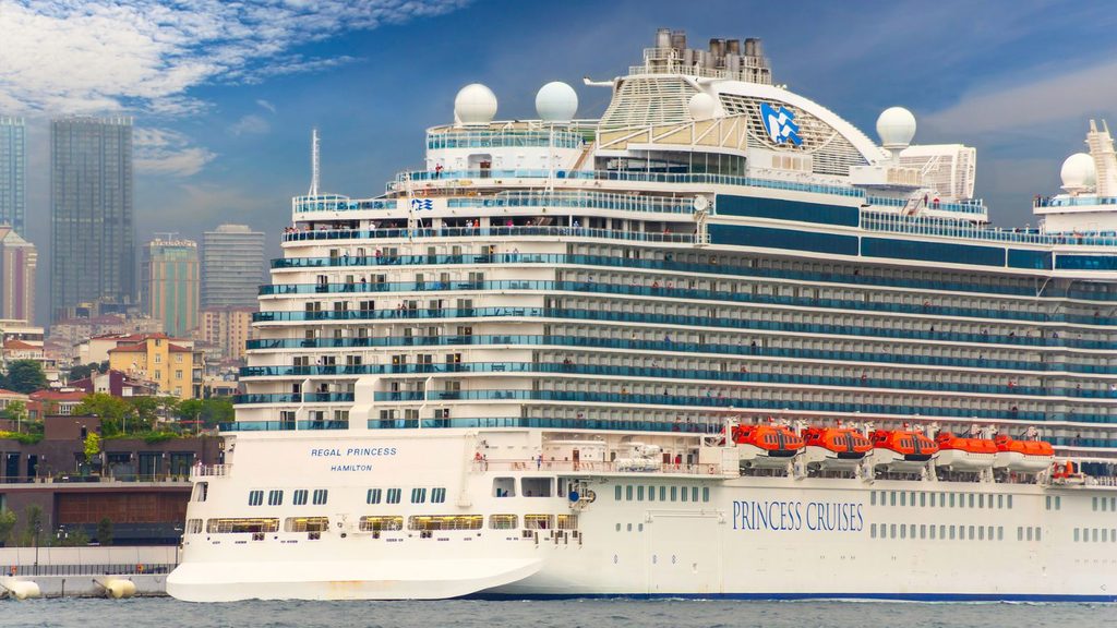 A large white cruise ship labeled &ldquo;Regal Princess&rdquo; is docked near a city waterfront with tall buildings in the background.