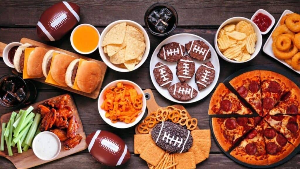 A table with football-themed snacks, including sliders, wings, chips, cookies, pizza, pretzels, donuts, celery, dip, and drinks&mdash;perfect for your party and a deliciously affordable alternative to the NFL stadiums with priciest concessions.