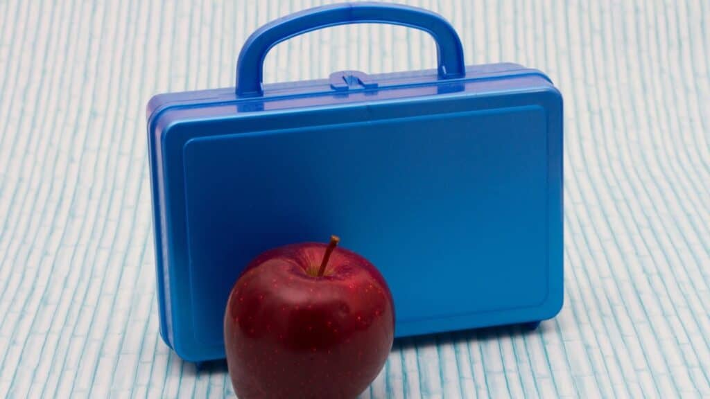 A red apple sits in front of a closed blue plastic lunchbox featuring classic 80s lunchbox designs, resting on a light blue striped surface.