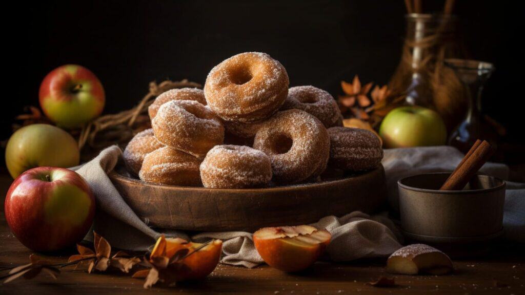 A wooden bowl filled with sugar-coated donuts is surrounded by apples, spices, and a cup of mulled cider on a rustic wooden table with a dark background, evoking the cozy aroma of spiced drinks.