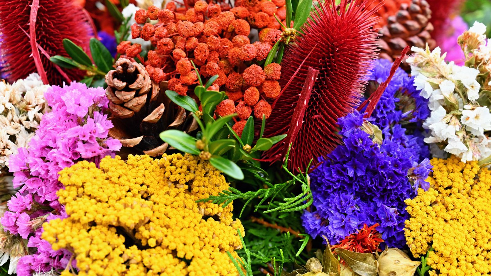 A close-up of a colorful assortment of dried flowers, pinecones, and foliage—including yellow, purple, pink, and red blooms—evokes the vibrant spirit of the Grenada Flower Festival.