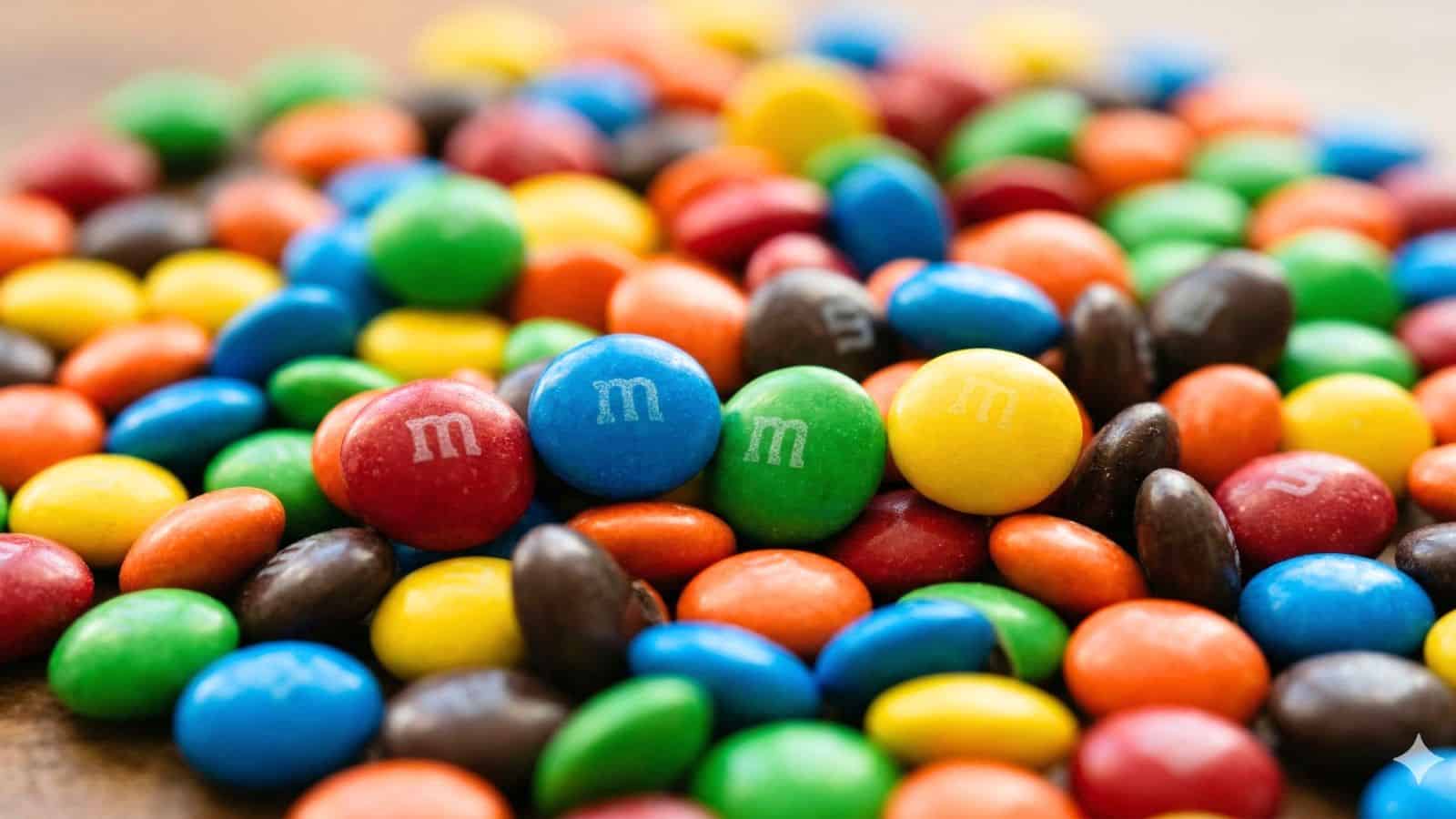 A close-up of assorted colorful M&M’s candies scattered on a surface, showing red, yellow, blue, green, orange, and brown pieces with “m” logos.