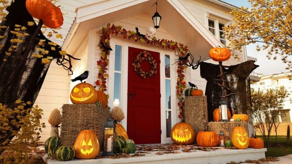 A house with a red door is decorated for Halloween with carved pumpkins, gourds, hay bales, black cloth, crows, and fall leaves on the porch.