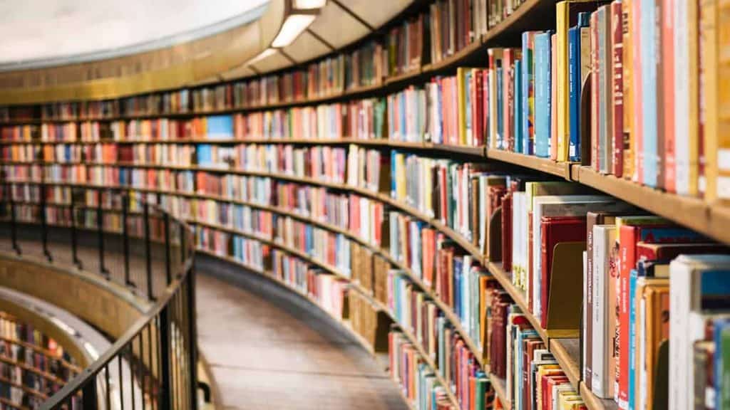 Curved bookshelves filled with colorful books line a library interior reminiscent of a cozy New Jersey bookstore, complete with a wooden floor and a metal railing on the left.