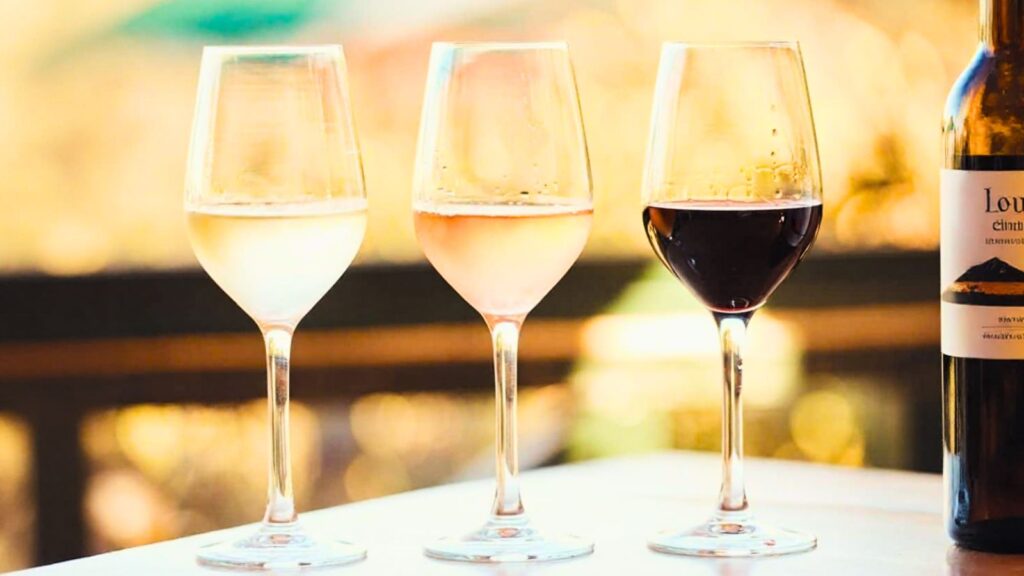 Three wine glasses filled with white, ros&eacute;, and red wine are arranged side by side on a table, ready for a Somm Smackdown, with a wine bottle partially visible on the right.