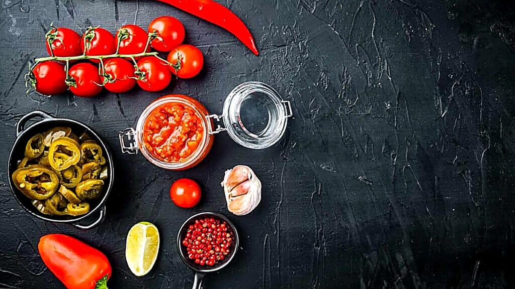 Assorted ingredients including tomatoes, salsa, pickled jalape&ntilde;os, garlic, red peppercorns, a chili pepper, a lime wedge, and a bell pepper arranged on a dark surface.