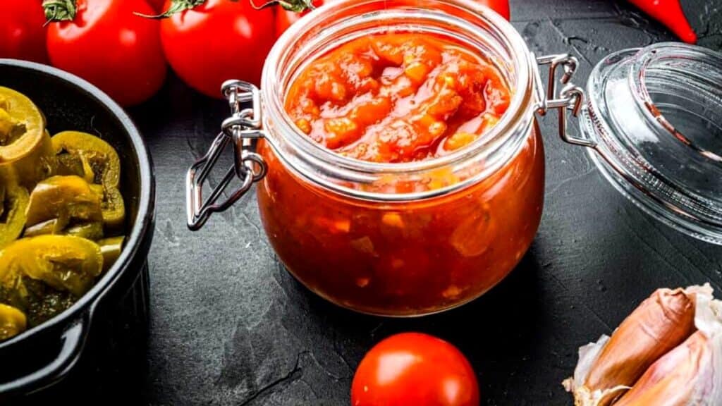 A glass jar of tomato salsa on a black surface, surrounded by fresh tomatoes, garlic, and a bowl of sliced jalape&ntilde;os.