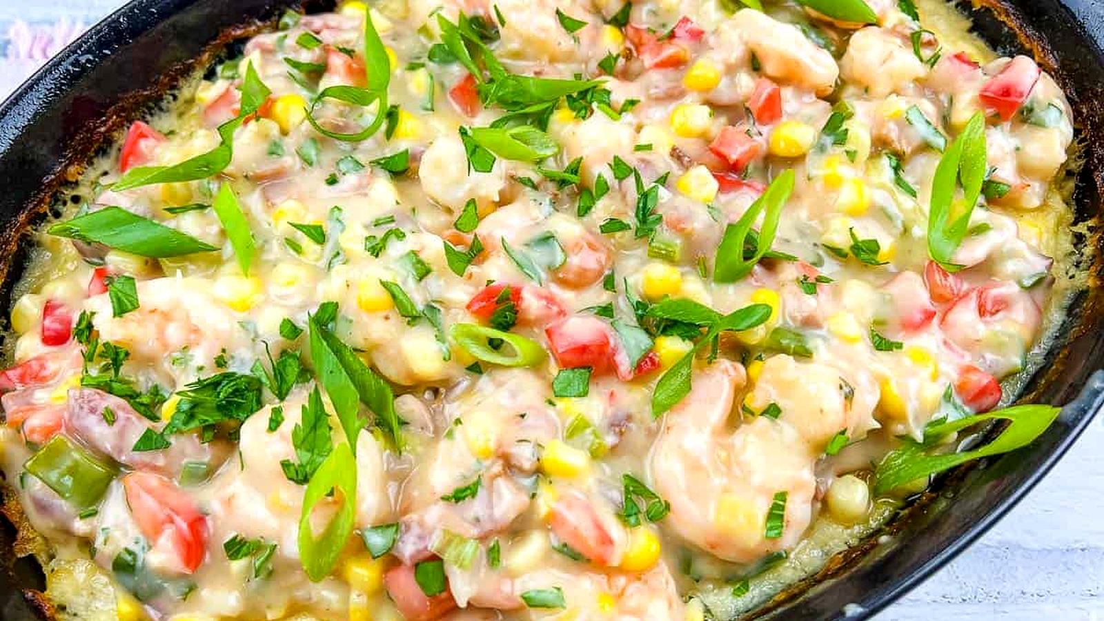 Shrimp and Grits Casserole in a black dish.