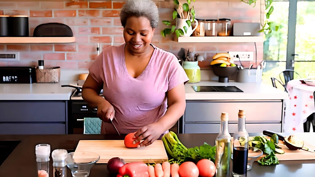A woman stands in a modern kitchen, smiling while slicing a tomato on a wooden cutting board surrounded by various fresh vegetables and bottles of oil.