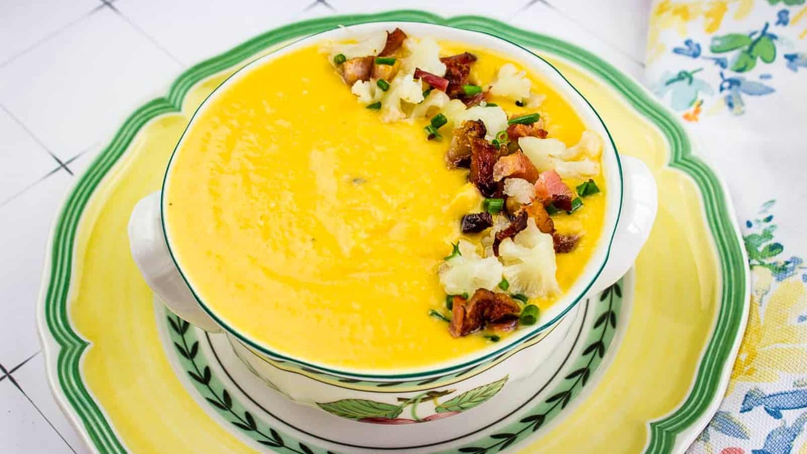 A closeup of a bowl of Cauliflower & Sweet Potato Soup.