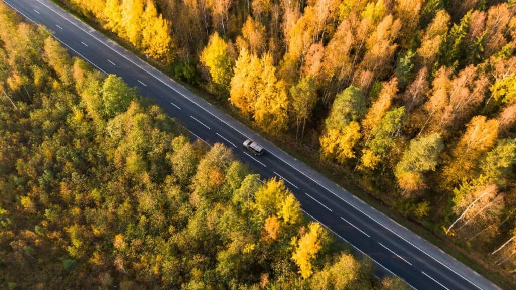 An aerial view of a car on a road trip through a forest with vibrant fall foliage.