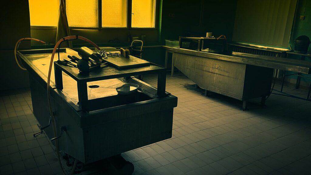 Two stainless steel autopsy tables sit in a dimly lit, tiled room with yellow-tinted windows, evoking the atmosphere of scary movies for a marathon.