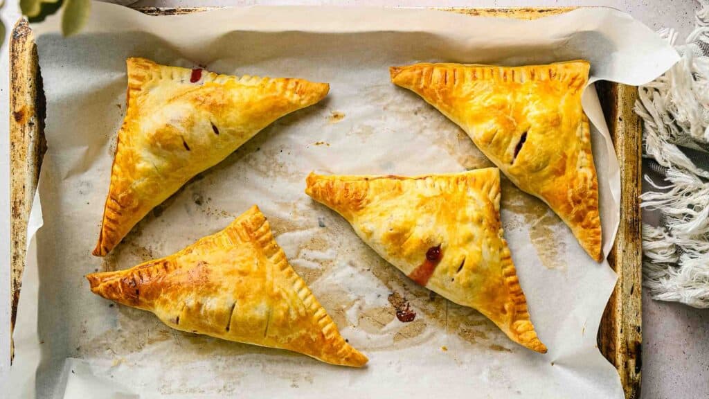 Four golden-brown triangular fruit hand pies on a parchment-lined baking sheet.