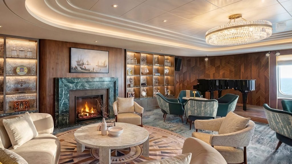 Luxury Holland America Bar 1873 lounge featuring a marble fireplace, grand piano, plush armchairs, and floor-to-ceiling display shelving.
