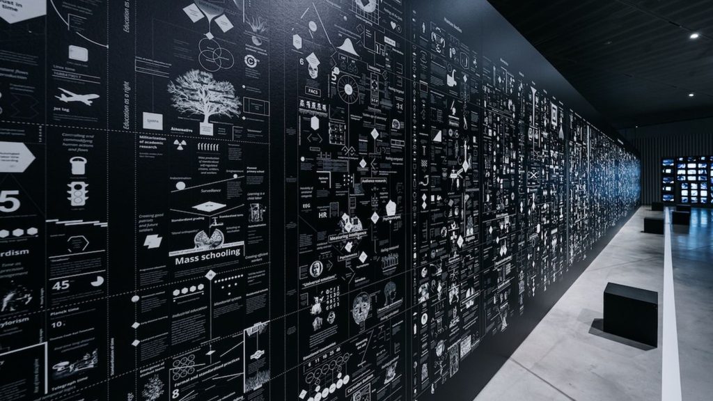 A long wall in a gallery covered in a black mural featuring white infographics, text, and diagrams related to mass schooling and data.