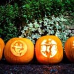 Four pumpkins carved with advanced pumpkin carving techniques display designs of Spider-Man, a shark, a spooky figure, and Tinker Bell lined up in front of a hedge.