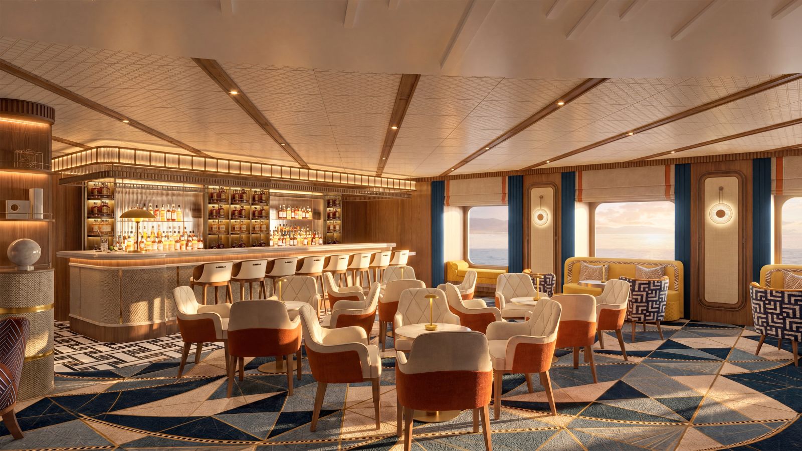 A cruise ship lounge with a lit bar, high-top stools, and clusters of chairs and small tables on a patterned rug, facing windows with an ocean view.