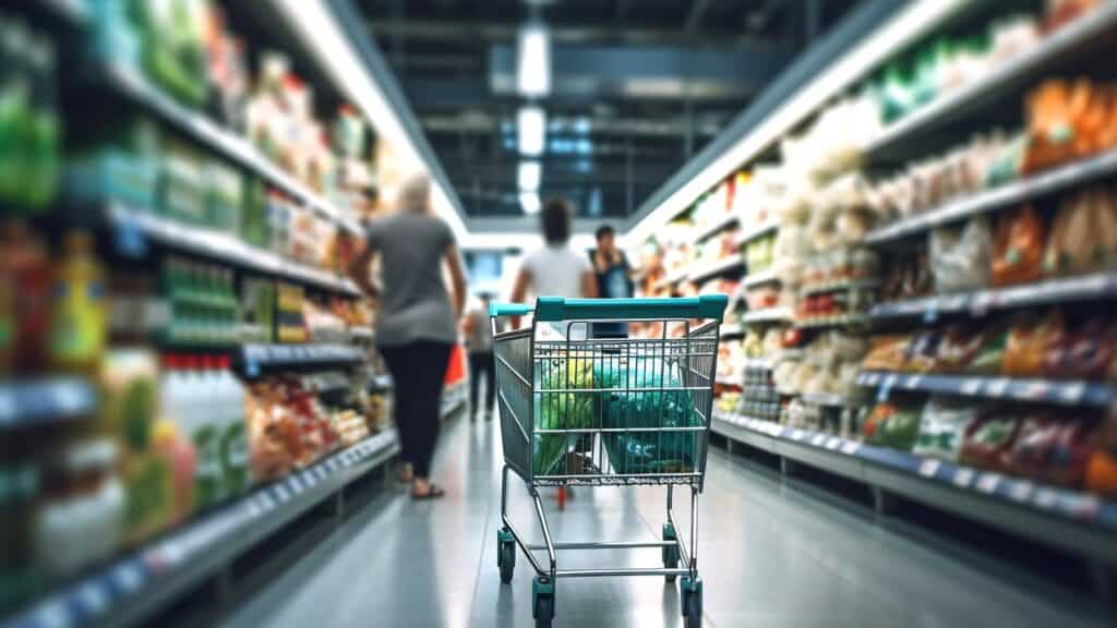 An empty shopping cart sits in the aisle of a grocery store as Americans shop, with blurred figures in the background.
