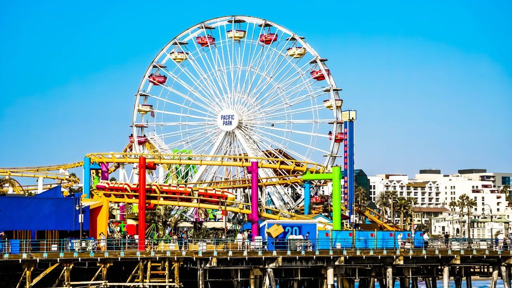 The Pacific Park ferris wheel and roller coaster on the Santa Monica Pier, marking the Route 66 100th anniversary.
