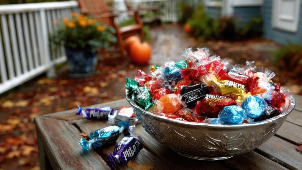 A silver bowl filled with assorted foil-wrapped Halloween candy sitting on a wooden porch table.