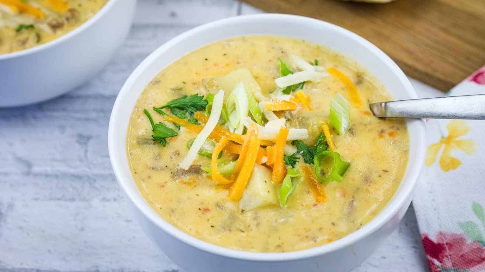Bowl of Slow Cooker Cheeseburger Soup topped with shredded cheddar, chopped green onions, and parsley, with a spoon inside.
