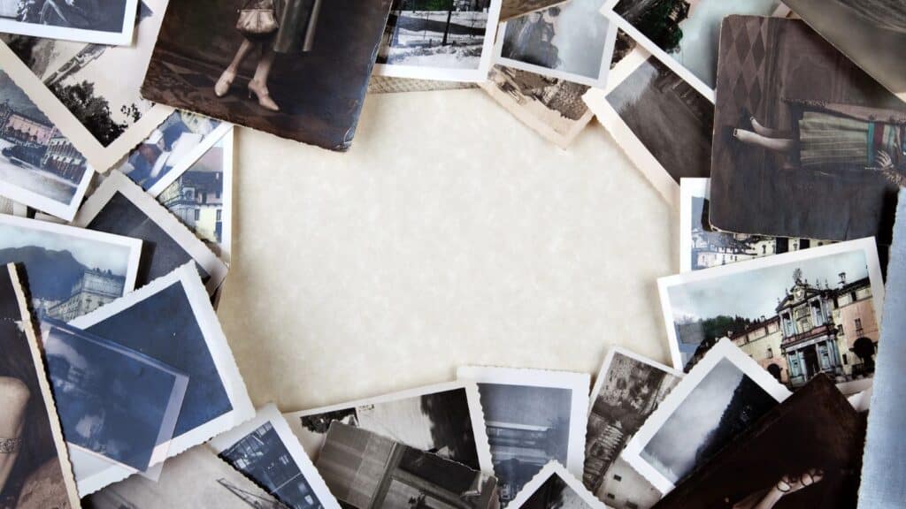 A collection of one hour photo memories arranged in a circle to form a central frame on a light background.