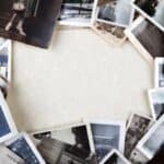 A collection of one hour photo memories arranged in a circle to form a central frame on a light background.